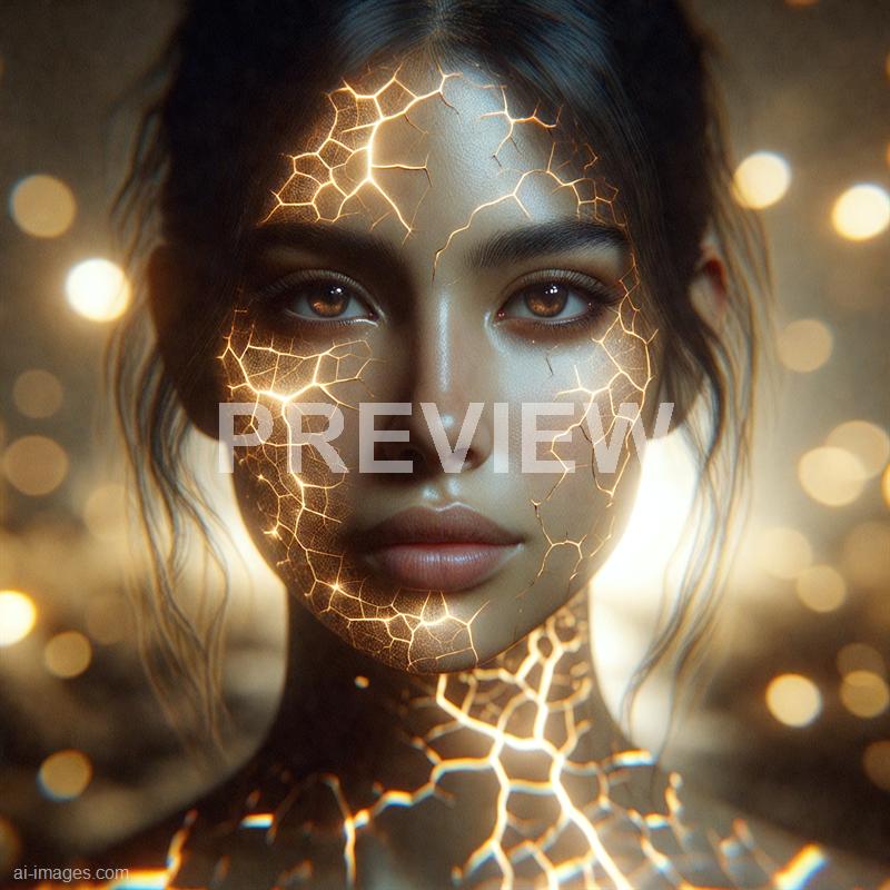 A close-up portrait of a young woman with dark, wavy hair and luminous skin, featuring a surreal effect of glowing, cracked gold-like lines across her face and neck, resembling a magical or sci-fi aesthetic. The background is softly blurred with warm bokeh lights, enhancing the mystical atmosphere of the image, which emphasizes her intense gaze and the luminous cracks that give an impression of inner energy or transformation.